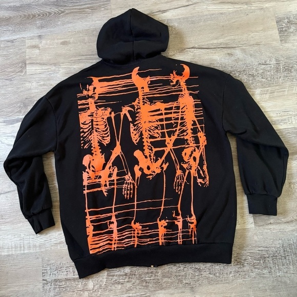 Black and orange skeleton zip up hoodie 00s grunge style y2k skull pile men’s M - Picture 4 of 6